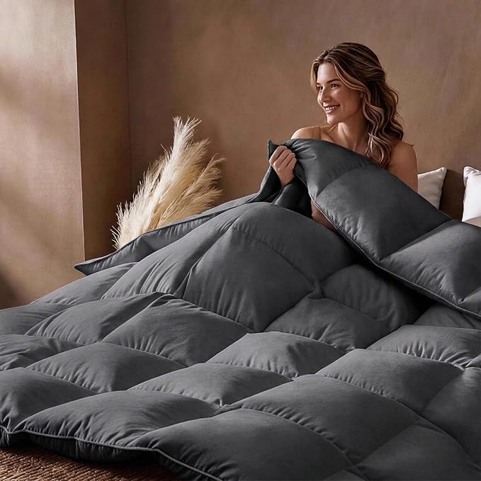 downluxe Feather Down Fiber Comforters King Size Fluffy All Season Duvet Insert Soft Breathable Bedding Comforter with Box Stitch Design & 8 Duvet Loops
