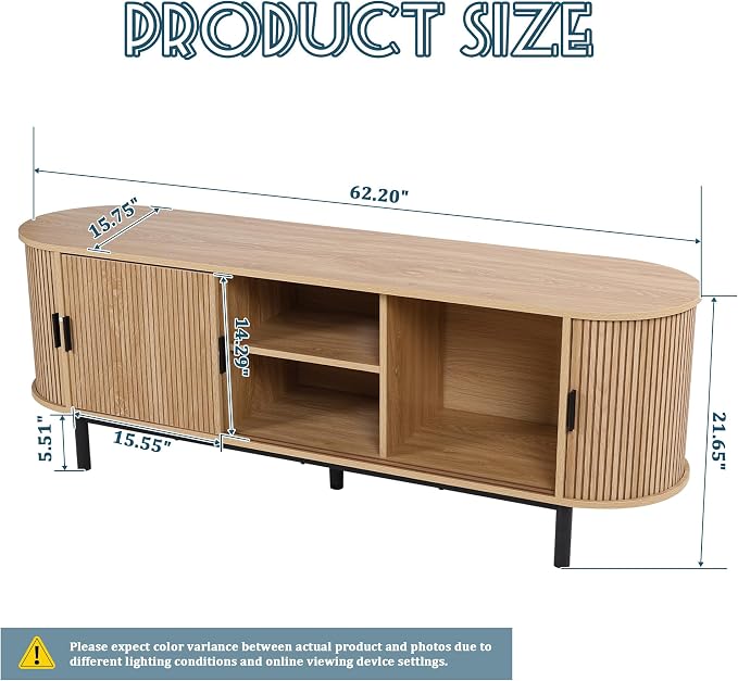 FurSch 62" Tambour Door TV Stand,Wood Mid Century Modern TV Cabinet for Up to 75“ TV,Curved Edge Long TV Stand with Storage for Bedroom Living Room (Natural, 62.2inch) - Image 2