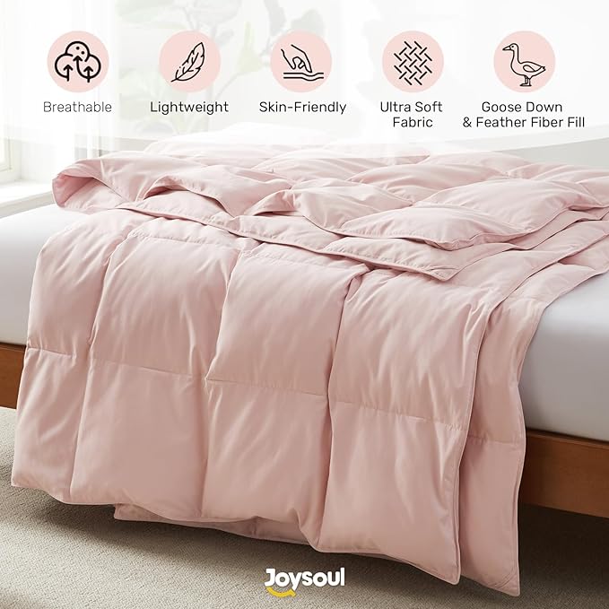 Joysoul Goose Feathers Fiber Comforter - Lightweight Ultra Soft Fabric Cover Breathable White Down Feather Fill, Pink Twin Size Duvet Insert (68" X 88")