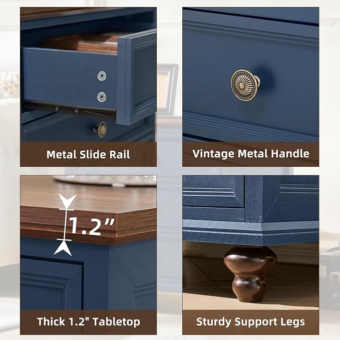 Joaxswe Farmhouse Nightstand with Charging Station, 24" Wide End Table with 3 Drawers,Blue Wood Dresser for Bedroom, Bed Side Table Chest of Drawers Cabinet,Night Stand for Living Room, Closet - Image 6