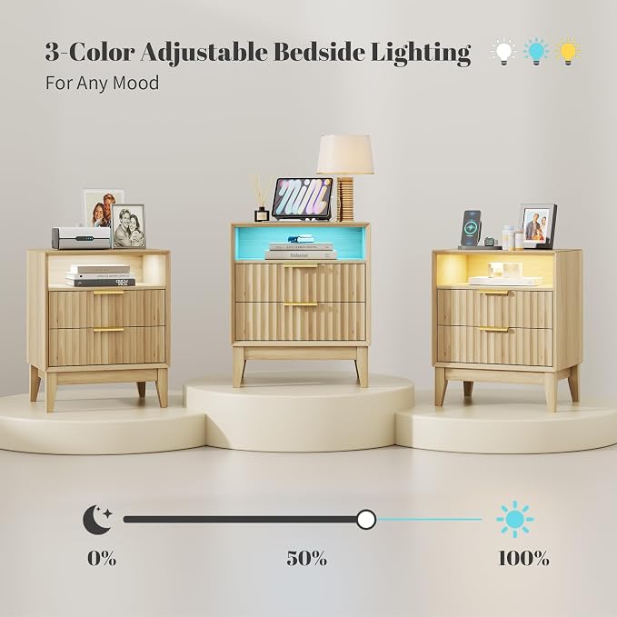 LVSOMT 20'W Fluted Nightstand with Charging Station, LED Night Stand with RFID Lock Hidden Drawer, Mid Century Morden Bedside Table for Bedroom, 2 Drawers and Open Storage Cubby, Natural Oak - Image 7