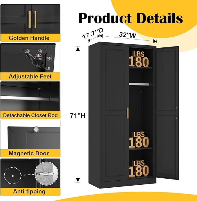 SteeLoong Metal Wardrobe Cabinet with Hanging Rod, 71" Tall Armoire Wardrobe Closet with 2 Doors and Adjustable Shelves, Black Clothing Storage Cabinets for Bedroom, Laundry Room, Cloak Room