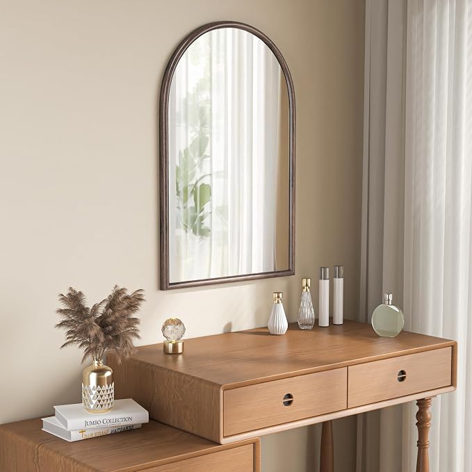 24"x36" Arch Wall Mirror for Wall, Wall Mounted Vanity Mirror for Bedroom, Wood Grain Finish Frame Mirror with Tempered Glass, Vintage Decorative for Bathroom, Entryway, Living Room, Walnut - Image 6
