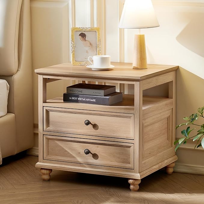 Joaxswe 24" Wide Farmhouse Night Stand,Large End Table with 2 Drawers & Metal Handle,Wood Dresser for Bedroom, Natural Bed Side Table Chest of Drawers Cabinet,Nightstand for Living Room,Closet by Joaxswe