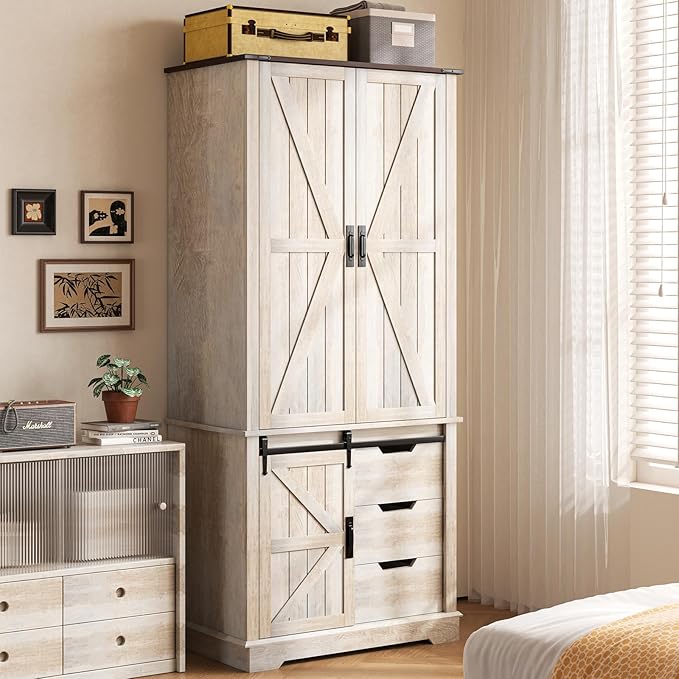 71" Tall Farmhouse Armoire Wardrobe Closet with 3 Drawers and Sliding Barn Door, 3 Doors Wooden Wardrobe Cabinet Clothing Storage Cabinet Organizer, Neoclassical White