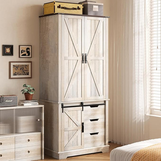 71" Tall Farmhouse Armoire Wardrobe Closet with 3 Drawers and Sliding Barn Door, 3 Doors Wooden Wardrobe Cabinet Clothing Storage Cabinet Organizer, Neoclassical White