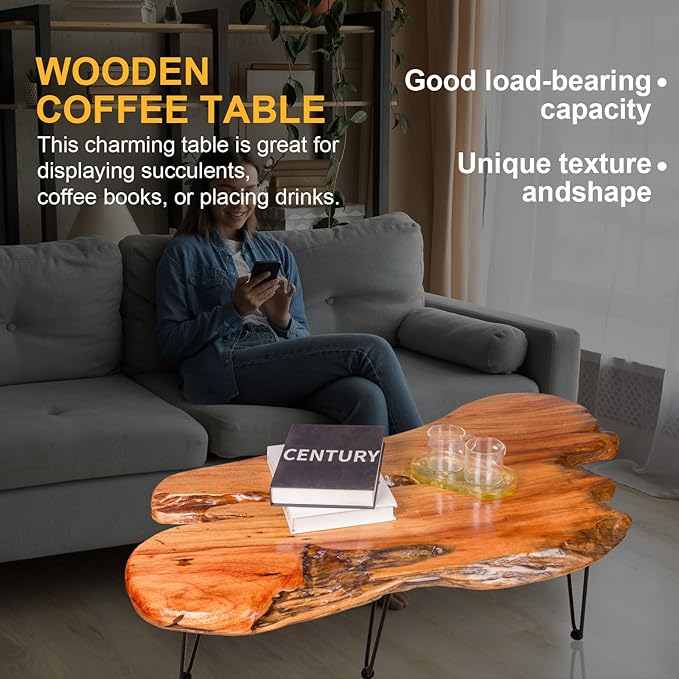 Live Edge Natural Wood Coffee Table - Handmade Center Table for Living Room, Rustic Modern Farmhouse & Contemporary Organic Design with Metal Hairpin Legs