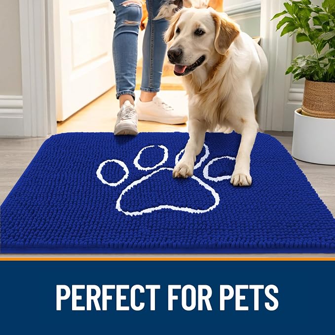 OLANLY Dog Door Mat for Muddy Paws 30x20, Paw Print Design, Absorbs Moisture and Dirt, Non-Slip Washable Doormat, Quick Dry Chenille Mud Mat for Dogs, Entry Indoor Entryway Carpet, Royal Blue - Image 6