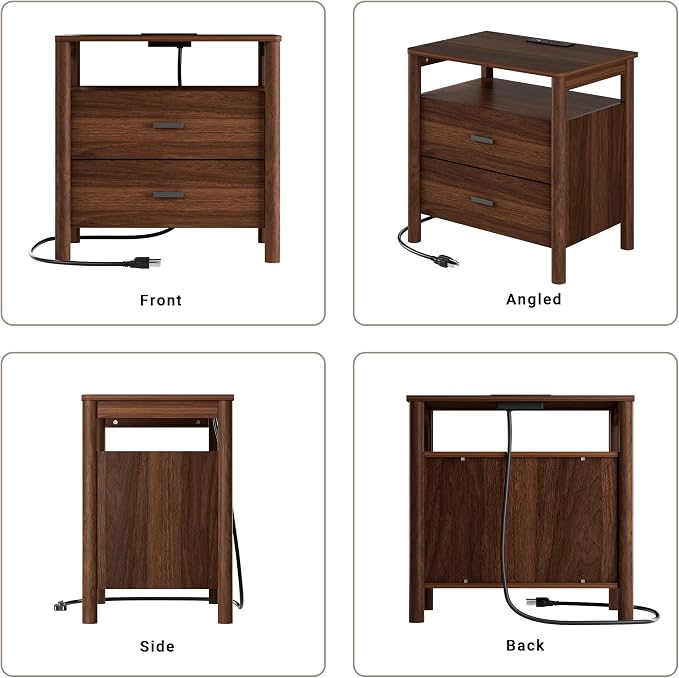 Night Stand Set 2, 23" Wide Nightstands Set of 2, Walnut Nightstand with Charging Station, 2 Drawer Wooden End Table with Solid Round Post Legs & Open Shelf,Modern Bedside Table for Bedroom - Image 8