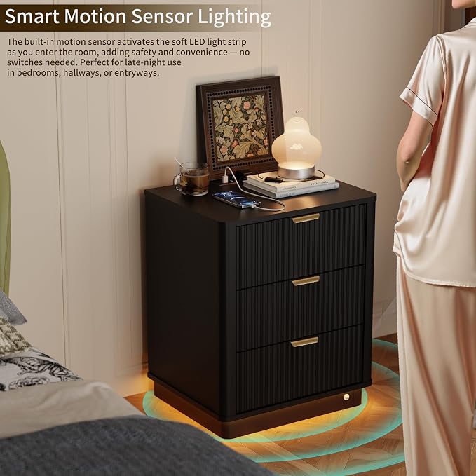 Led Fluted Nightstand, Smart Curved Night Stand with Charging Station Lighting, Wood End Table with 3 Drawers, Modern Side Table Storage Cabinet for Bedroom Office,(1, Black) - Image 4