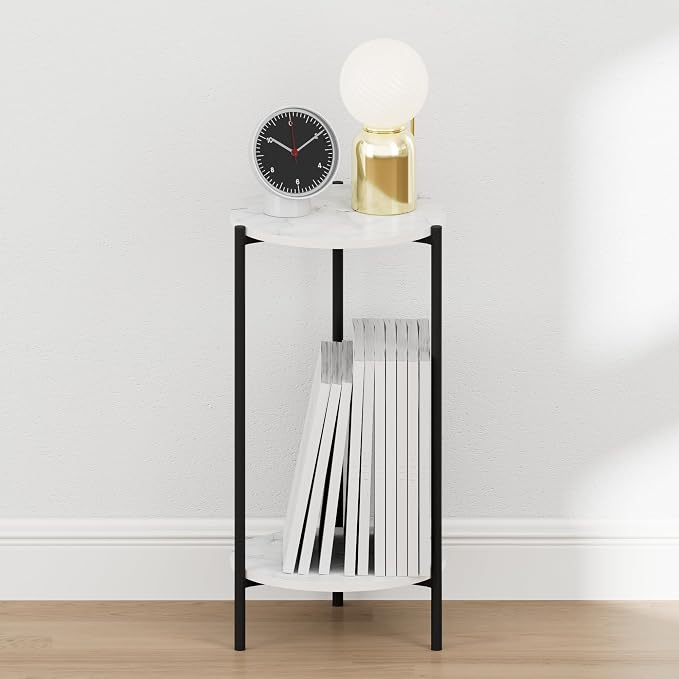 Furinno BESI Night Stand, 2-Tier Tall Round Nightstand with Metal Legs, Metal Frame Narrow End Table with Open Shelf, Side Table, Bedside Table, for Bedroom, Closet, Living Room, Marble White - Image 4