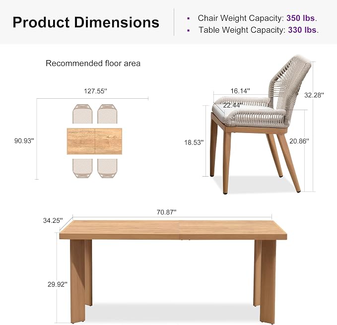 PURPLE LEAF 5 Pieces Patio Dining Set Aluminum Modern Rectangular Table and Wicker Chairs with Cushions for Kitchen Porch Garden Outdoor Furniture Sets, Teak - Image 9
