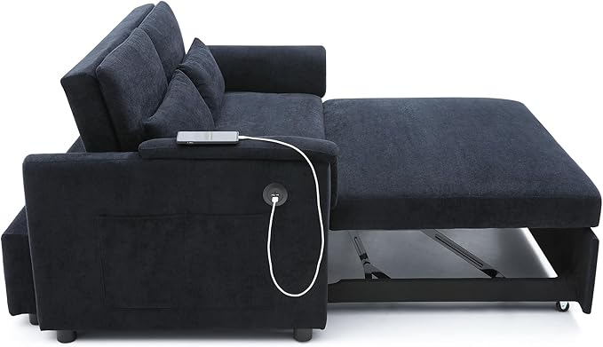 55" Convertible Loveseat Pull Out Sofa Bed for Living Room 3 in 1 Multi-Functional Sleeper Sofa Chaise Lounge Daybed Sofacama w/Adjustable Backrest,USB Ports,Side Pockets