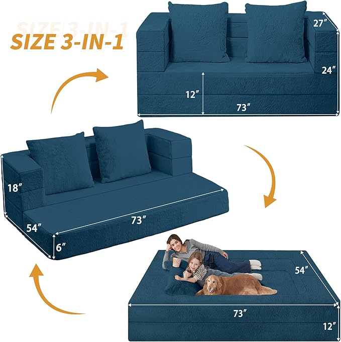 Futon Sofa Bed with Pillow, 3-in-1 Sleeper Sofa Bed with Removable Cover, Convertible Floor Sofa Bed, No Assembly Boneless Couch for Living Room, Bedroom