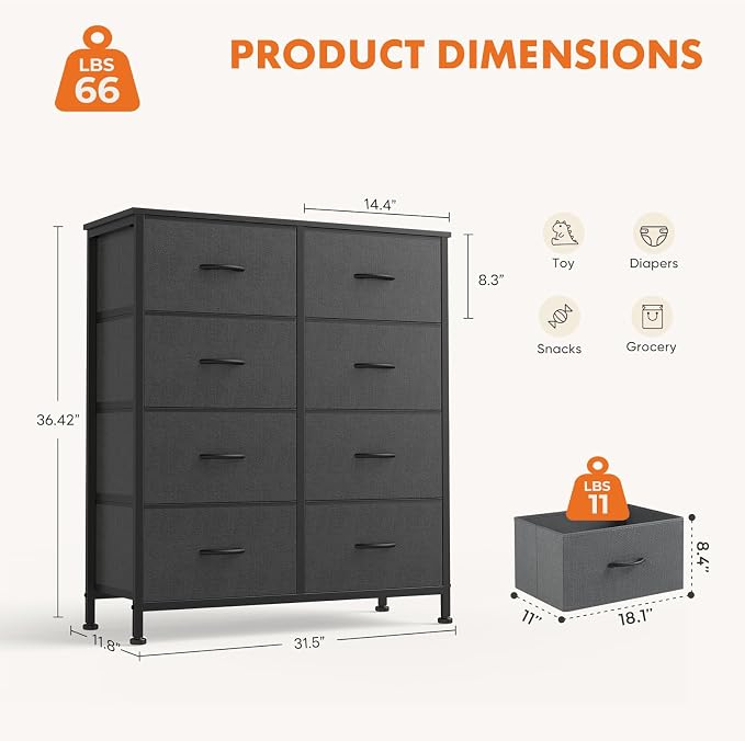 Sweetcrispy Dresser for Bedroom, Fabric Dresser with 8 Drawers, Chest of Drawers for Closet, Living Room, Sturdy Steel Frame, Wooden Top, Easy Pull Handle, Ash - Image 3