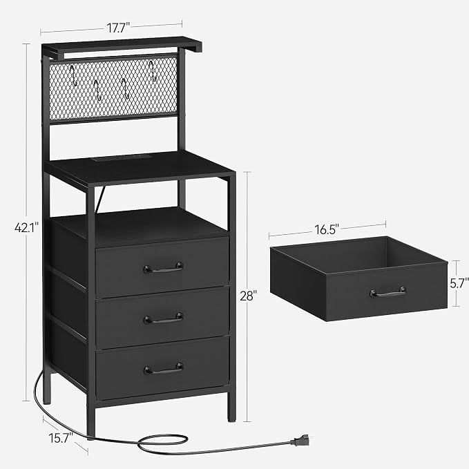 Tall Nightstand with Charging Station and LED Lights, Large Night Stands with 3 Fabric Drawers, Bedside Table with Storage Shelves and Hooks for Bedroom, Office, Dorm, Black - Image 3