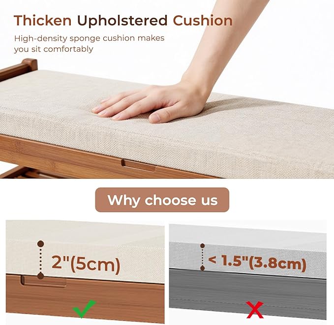 27.6" Bamboo Shoe Bench with Cushion, 5 Hooks Coat Rack, 2-Tier Storage Bench for Entryway, Heavy Duty Shoe Rack Organizer with Removable Soft Cushion for Living Room Bedroom Hallway - Image 7