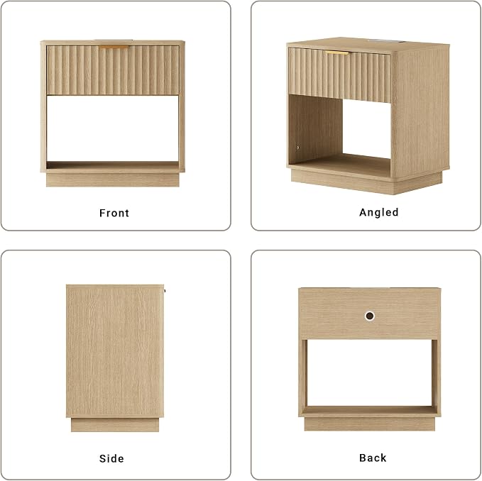 Fluted Nightstand, 23" Wide Night Stand, Large Modern Nightstand with Charging Station, Wooden End Table with Drawer, Bedside Table for Bedroom Sofa Home Office, Curved Corners, Natural Oak - Image 7