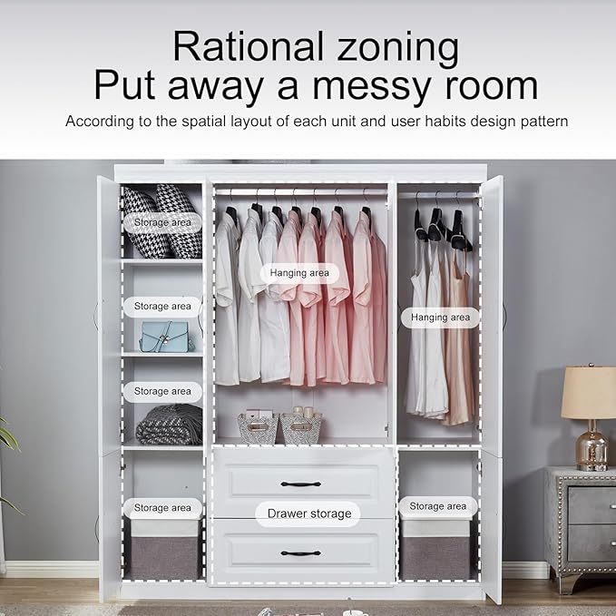 Wooden Armoire Wardrobe Closet White Large Capacity Storage Tall Clothes Cabinet with 4 Doors, Armoires and Wardrobes with 2 Drawers, 2 Hanging Rods and Shelves for Bedroom Armoire, White