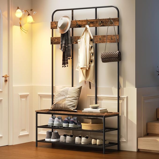 HOOBRO Hall Tree with Bench, Entryway Bench with Coat Rack, Mud Room Rack with 12 Double Hooks and Shoe Storage, Coat Tree, Shoe Rack Organizer, for Foyer, Front Door, Rustic Brown BF05MT01 - Image 7