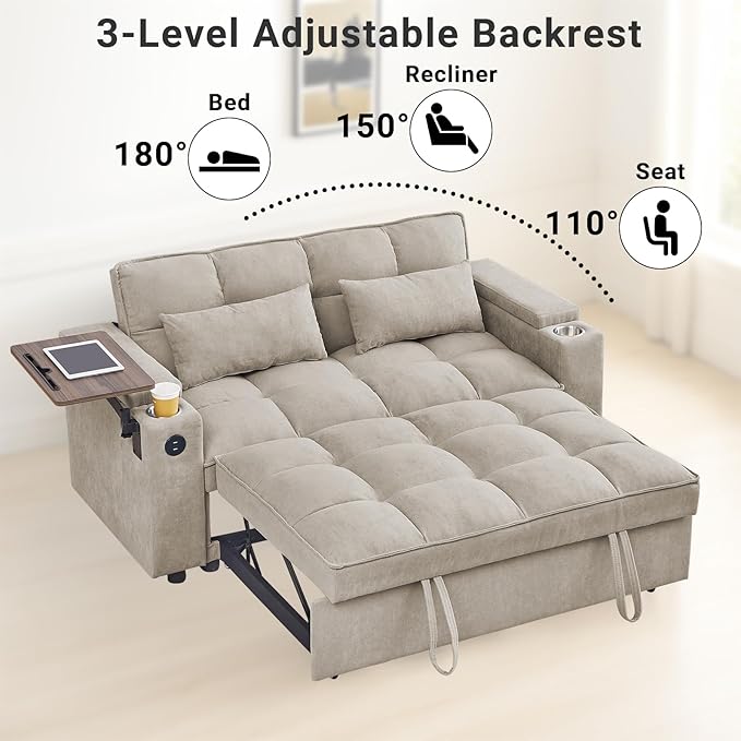 3 in 1 Sofa Bed, 65 Inches Convertible Loveseat Sleeper with Side Table, Pull Out Couch with 3 Level Adjustable Backrest, Chaise Lounge with USB and Type-C Ports for Living Room, Khaki