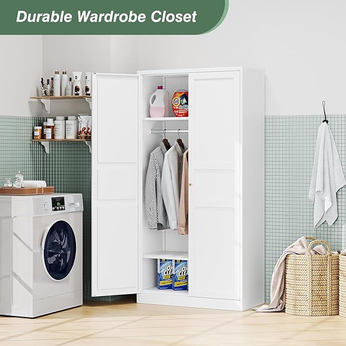 Metal Armoire Wardrobe Closet Cabinet,White Armoire Wardrobe Closets Storage Cabinets with Doors and Adjustable Shelves for Laundry Room,Bedroom,Bathroom