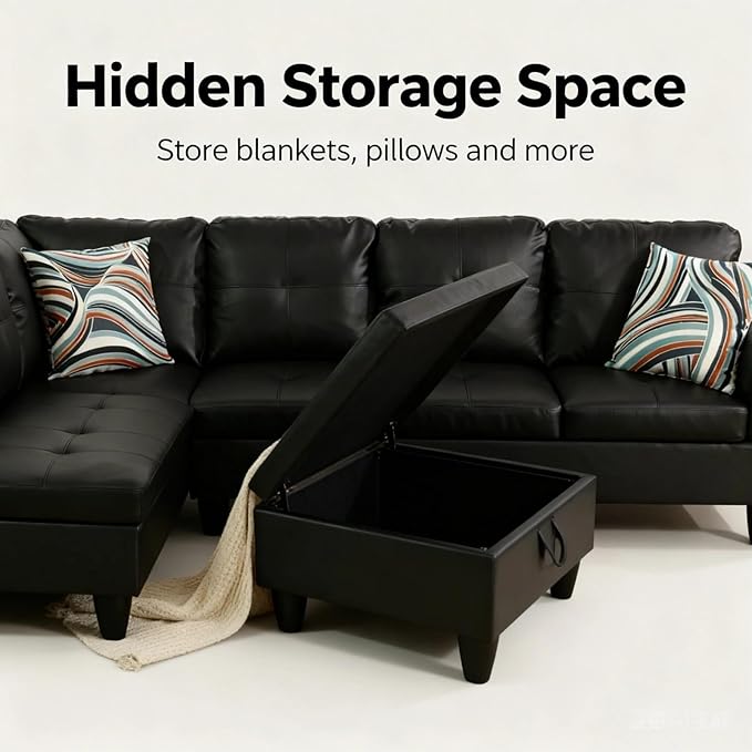 L-Shape Sofa with Storage Ottoman, 3-Piece Faux Leather Sectional Sofa Set, Modern Living Room Couch with Chaise Lounge, Tufted Upholstered Sofa Set for Apartment Living Room, Black