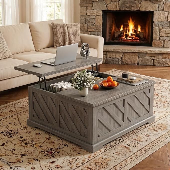 Amada Lift Top Coffee Table with Storage, Smooth Lifting Center Table with Hidden Compartment, Diagonal Pattern Wood Coffee Table for Living Room and Home Office, Gray