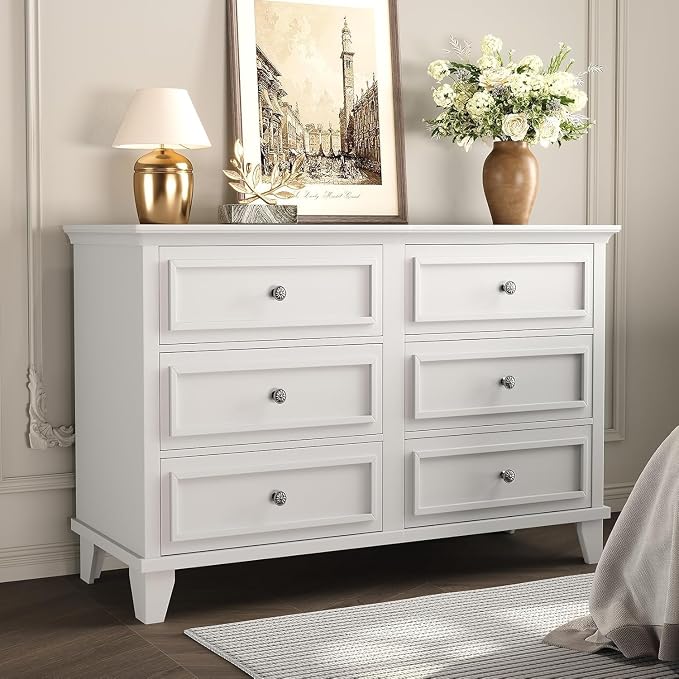 GAOMON Dresser for Bedroom, 6 Drawer Wide Dresser Storage Organizer, Modern Wooden Chest of Drawers with Metal Handles for Hallway, Entryway, Home Office, White by GAOMON