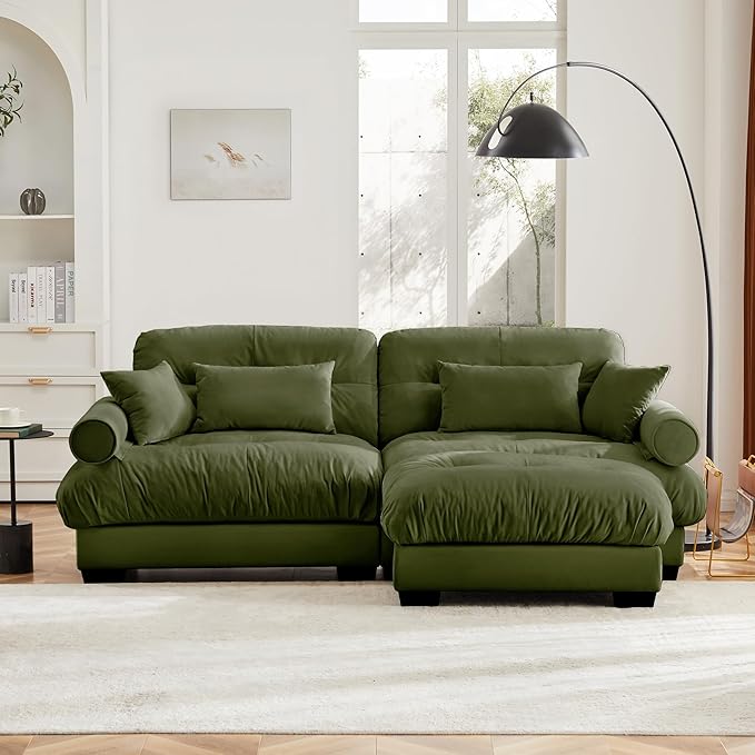 KEIKI 94" L-Shaped Oversized Velvet Modular Sectional Loveseat Sofa with 1 Ottoman, High-Density Foam Cushion, Bolstered Armrest, Upholstered 2-Seater Cloud Couch with 4 Pillow, for Living Room, Green