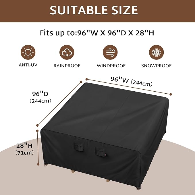 iBirdie Outdoor Patio Furniture Set Covers 96 x 96 inch Waterproof Weatherproof Square Cover, Heavy Duty 600D for Outside Dining Table and Chairs fit 8 x 8 ft, 95 x 95, 94 x 93 inch - Image 2