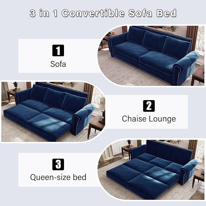 Eafurn 93.7" King Size Pull Out Sofa Bed, 3-in-1 Convertible Sleeper Sofa Couch Bed with Nailhead Decor and Rolled Arms, Velvet Oversized Chesterfield Loveseat Chaise Lounge