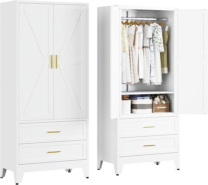 Metal Armoire Wardrobe Closet with 2 Drawers, 71" Wardrobe Cabinet with 1 Adjustable Shelf & 1 Hanging Rod for Bedroom, White Metal Closet Storage Cabinet with 2 Doors & 2 Drawers