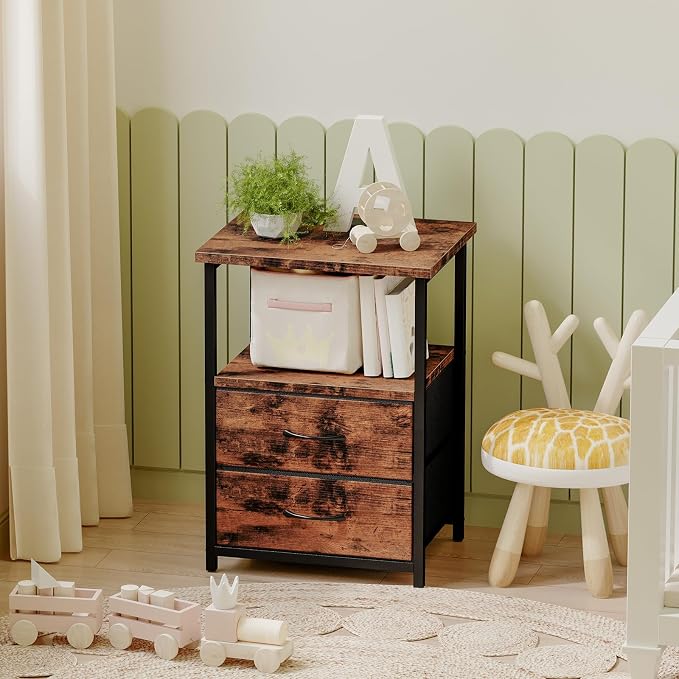Fixwal Night Stand with Charger Station, Nightstand with Charging Station & Fabric Drawers，Rustic Brown - Image 7
