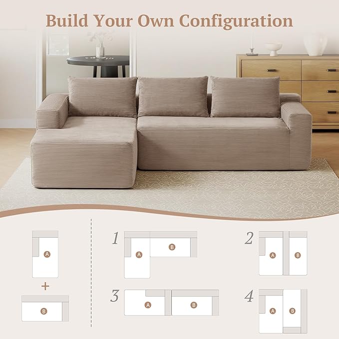 97inch Boneless L-Shaped Sectional Sofa with Throw Pillow & Side Pockets- No Assembly Compressed Modular Couch, Memory Foam, Deep Seat for Living Room, Bedroom, Apartment Camel Left