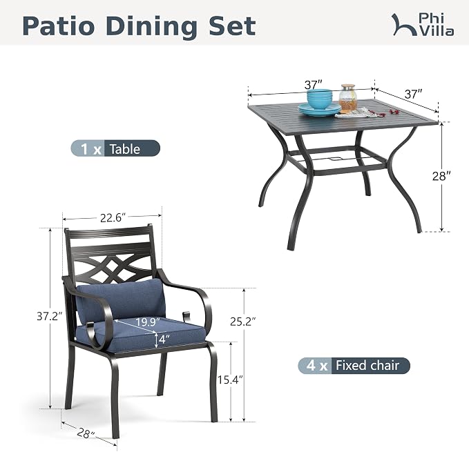 PHI VILLA 5 Pieces Outdoor Dining Set for 4, 37" Square Metal Table with Umbrella Hole & Wrought Iron Chairs, All Weather Large Outside Furniture with Blue Cushions & Pillows for Patio, Deck, Porch - Image 2