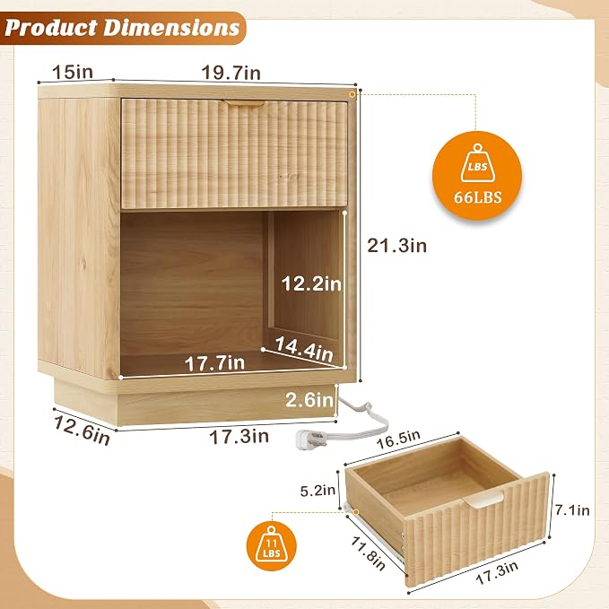 Nasonet Fluted Nightstand Charging Station,Wood Modern Night Stands Storage Cabinet for Bedroom,Oak Bedside Table with Drawers - Image 2