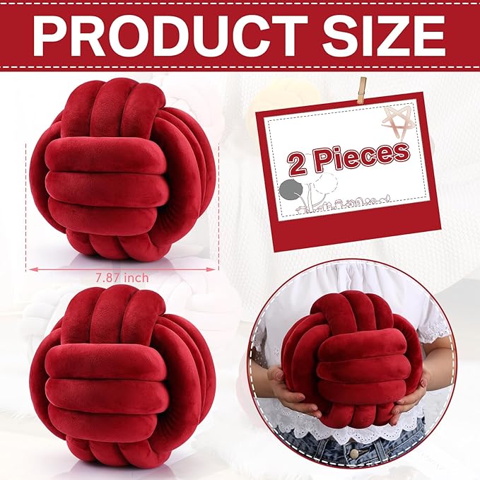 Namalu 2 Pcs Soft Knot Pillow Ball, Decorative Round Throw, Soft Knotted Plush Pillows, Handmade Stuffed Ball Pillows Cushion for Bedroom Sofa Couch Home Decor(7.87 Inches,Wine Red)