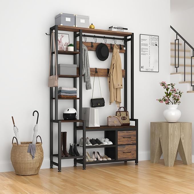 Hall Tree for Entryway 43", Bench with Shoe Storage, Large Coat Rack Shoe Bench with 5 Tier Shelves, 5 in 1 Design Front Door Shoe Rack and Wall Rack Hooks, and 2 Drawers (Rustic Brown) by Unknown