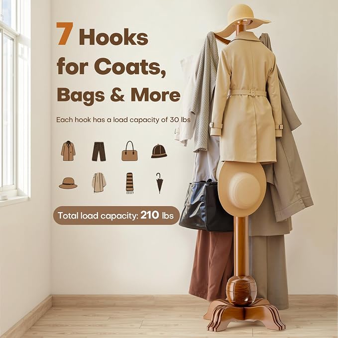 Hall Tree, Freestanding Wood Tree Rack with 7 Hooks, Coat Rack with Stable Sphere Base, Wooden Coat Rack Stand, Load 210 lb, Coat Hanger Stand for Entryway, Hallway, Bedroom (Natural) - Image 3