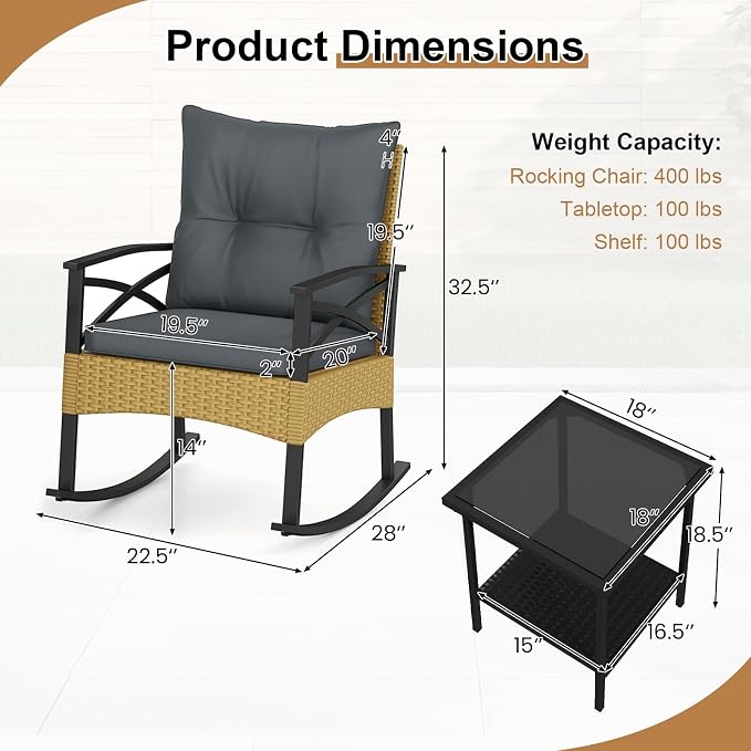 Tangkula 3 Pieces Outdoor Rocking Chairs Set, Rattan Heavy Duty Cushioned Rocker Chairs with 2-Tier Tempered Glass Coffee Table, for Garden, Balcony, Backyard (Yellow+Gray) - Image 6