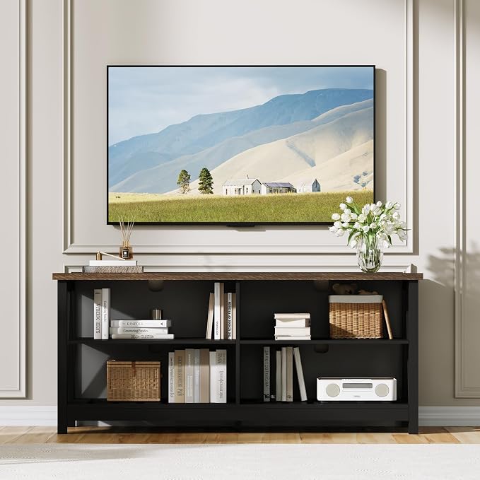 ChooChoo Farmhouse TV Stand for TVs up to 55 Inch, Modern Entertainment Center with 4 Open Shelves & Built-in Cable Holes, Media TV Console for Living Room, Bedroom, Black - Image 4