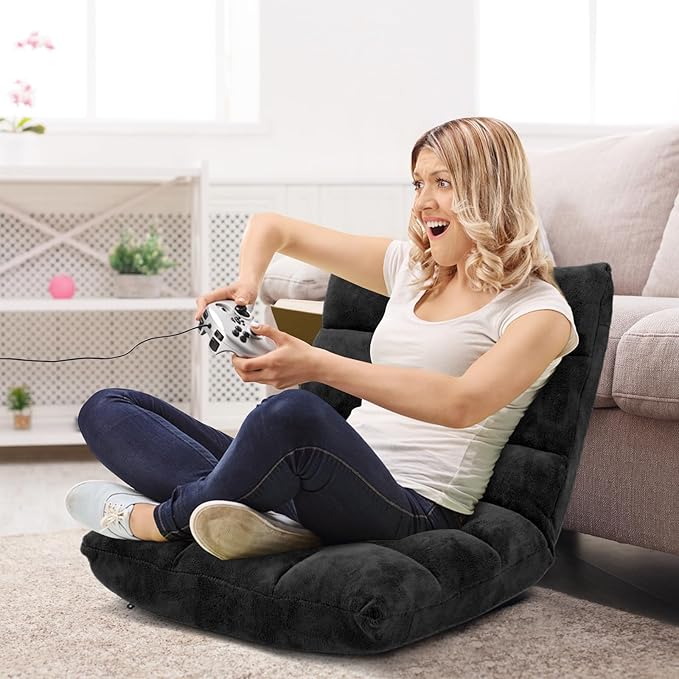 14-Position Floor Sofa, Folding Gaming Sofa Chair, Comfy Cushions & Study Steel Frame, Angle Adjustable Sleeper Bed, Couch Recliner (Black)