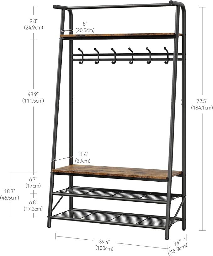 Multi-Functional Hall Tree Coat Rack with Bench & Shoe Storage – Freestanding Metal Frame, 5 Hooks, Clothes Rail – Ideal for Entryway, Hallway, Mudroom – Rustic Brown – 100 Single Row Hooks - Image 3