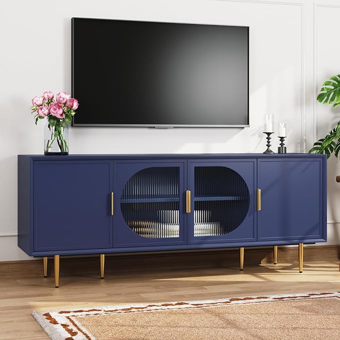 Blue TV Stand for TVs up to 75 Inch, 66" Modern Entertainment Center with Glass Door Storage, TV Cabinet Media Console for Living Room, Bedroom, Under TV Cabinet by MROJISC
