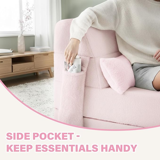 Tiita Convertible Folding Sofa Bed Single Size for Adults with Pillow, Plush Fabric Floor Mattress Couch Bed, Washable Cover & Side Pocket, Guest Room, Dorm, Apartment, Living Room, Pink