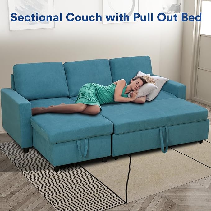 Rovibek 83" Convertible Sofa Bed Couch with Storage - 4 in 1 L Shaped Sofa with Pull Out Couch Bed for Living Room, Apartment, Office, Small Spaces, Cyan
