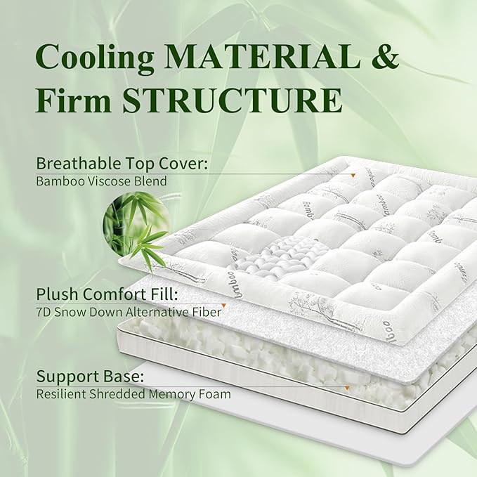 Memory Foam Mattress Topper - Viscose Made from Bamboo Pillow Top Thick Queen Size Mattress Pad for Back Pain, Ultra Soft & Cooling for Hot Sleepers, 6-18'' Deep Pocket, White
