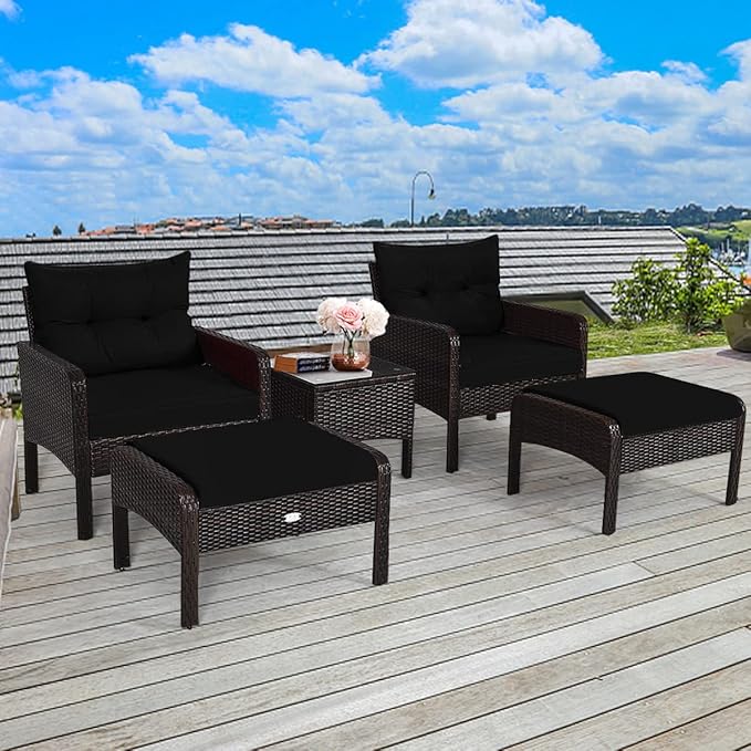 HAPPYGRILL 5 Pieces Patio Furniture Set Outdoor Rattan Wicker Conversation Set with Coffee Table Cushioned Sofas and Ottoman Chat Set for Garden Backyard