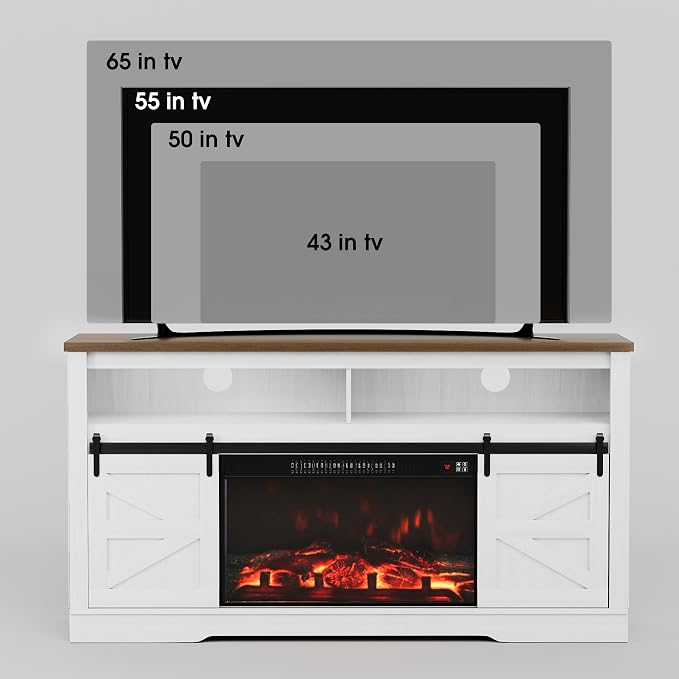 JUMMICO Fireplace TV Stand for 65+ Inch TV with 26'' Fireplace Entertainment Center with Storage Cabinet and Adjustable Shelves Media Console with Sliding Barn Door for Living Room (Milk White) - Image 5
